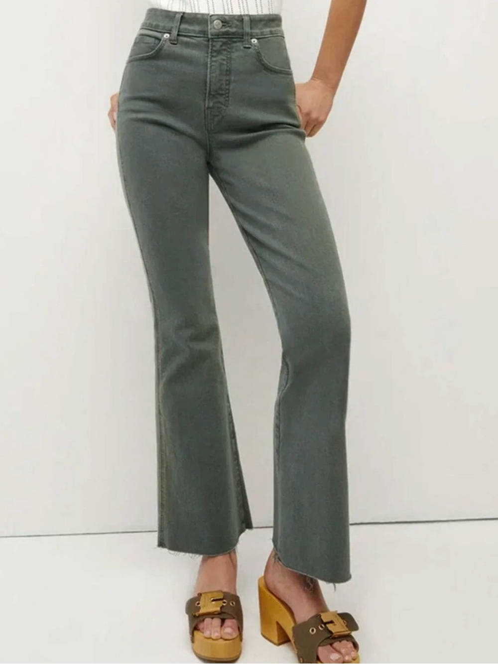 VERONICA BEARD 27 Carson Ankle Flare High Rise Jeans with raw hem in Sage